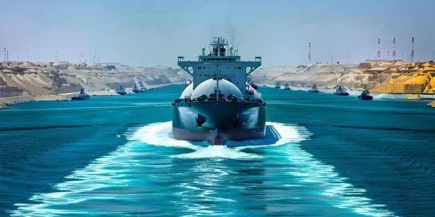 Foto el tanque de gnl navega por el canal de suez, una ruta comercial mundial crucial.