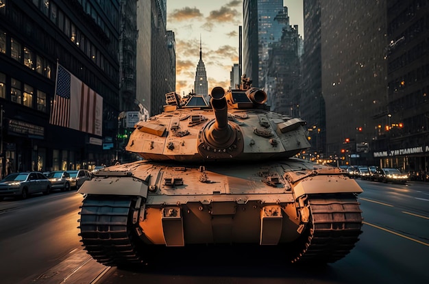 Un tanque de guerra del futuro hace una persecución salvaje Puesta de sol en la calle 42 de la ciudad de Nueva York