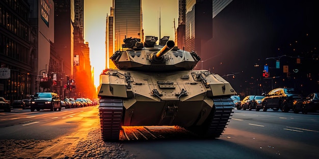 Un tanque de guerra del futuro hace una persecución salvaje Puesta de sol en la calle 42 de la ciudad de Nueva York