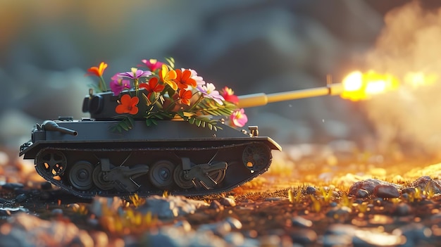 Foto el tanque de juguete dispara un ramo de flores concepto de paz