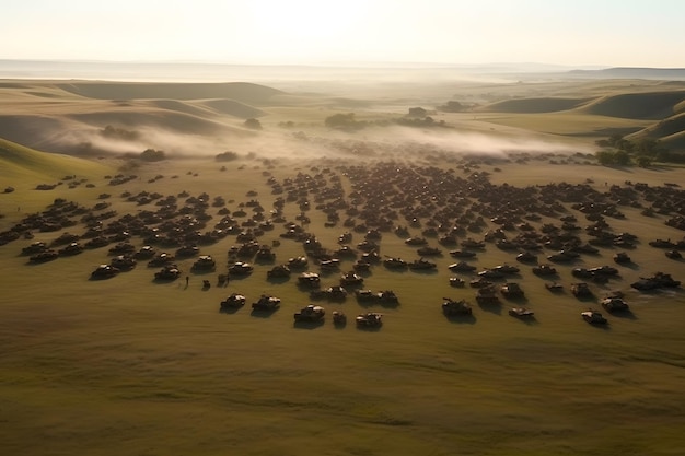 Tanque militar ou do exército pronto para atacar e movendo-se sobre um terreno de campo de batalha deserto rede neural gerada por ia