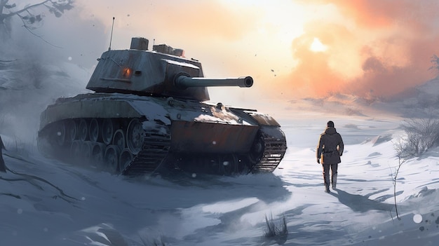 Un tanque en la nieve con el sol detrás