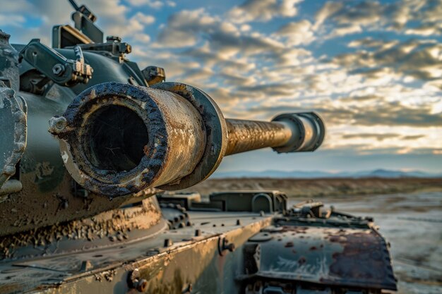 Un tanque oxidado sentado en el medio de un campo