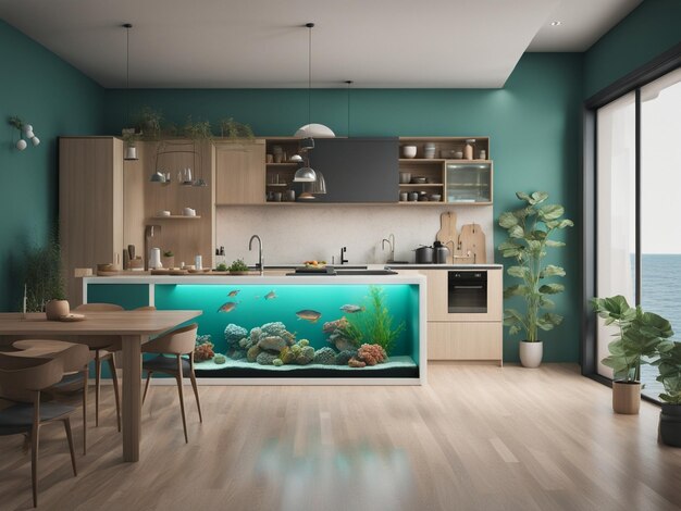Foto un tanque de peces en el medio de un mueble interior de cocina