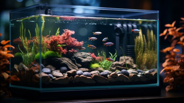 El tanque de peces en la mesa de madera