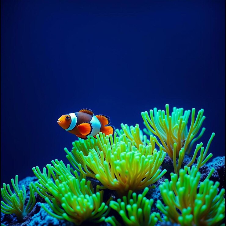 Un tanque de peces con peces naranja y azul y un pez nadando en un océano oscuro con un fondo negro
