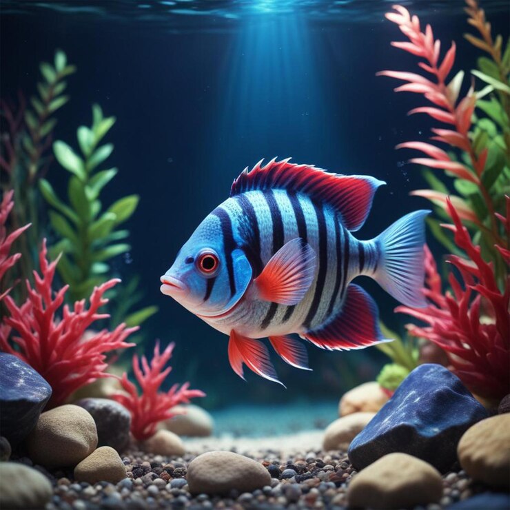 Un tanque de peces con peces naranja y azul y un pez nadando en un océano oscuro con un fondo negro
