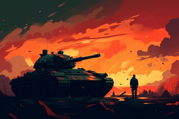 Tanque y soldado Militar en el cielo de fondo rojo Imagen de ilustración hermosa AI generativa