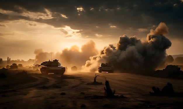 Un tanque y un tanque conducen por un desierto polvoriento con humo en el cielo.