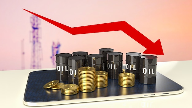 Los tanques de aceite y las monedas de oro en la tableta para la representación 3d del concepto de negocio del petróleo