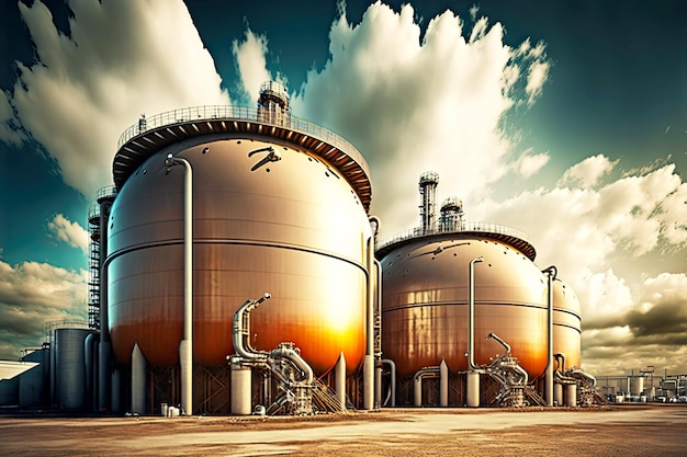 Tanques para almacenamiento y destilación de productos derivados del petróleo en la fábrica de la industria petroquímica