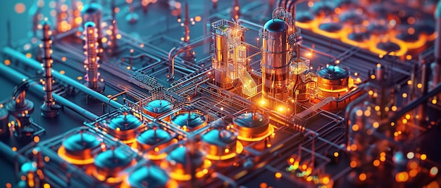 Los tanques de almacenamiento se erigen en las fábricas petroquímicas que forman un marco de la infraestructura para la formación de energía industrial toda la vista y el espacio IA generativa