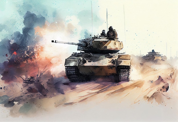 Foto tanques de armas pesadas en el campo de batalla explosiones e ilustración de acuarela de polvo generativo ai