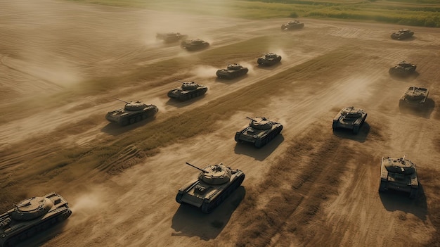 tanques blindados cruzam um campo minado durante o contra-ataque de guerra tanques no campo IA generativa