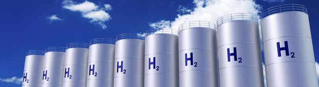 Tanques cilíndricos con ilustración 3D de gas hidrógeno