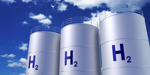 Tanques cilíndricos con ilustración 3D de gas hidrógeno