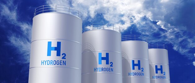 Tanques cilíndricos con ilustración 3D de gas hidrógeno