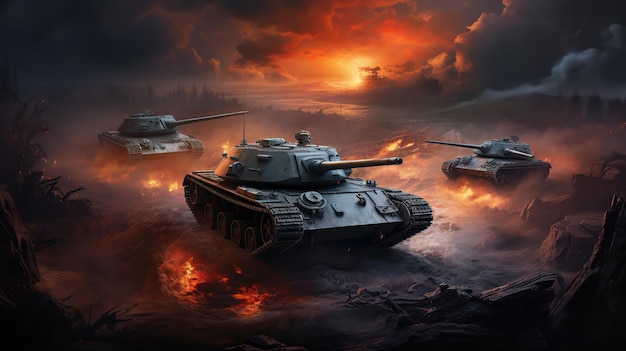 Tanques en la escena de la batalla