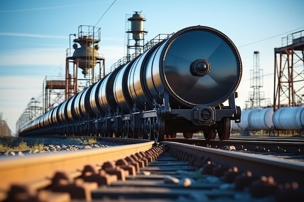 Tanques ferroviários pretos utilizados para o transporte de produtos petrolíferos