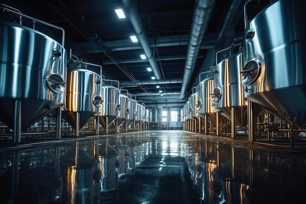 Tanques de puré de fermentación o tanques de caldera en una fábrica de cerveza Interior de la planta de cerveza Fábrica para la producción de cerveza Producción moderna de bebidas de calado Foco selectivo