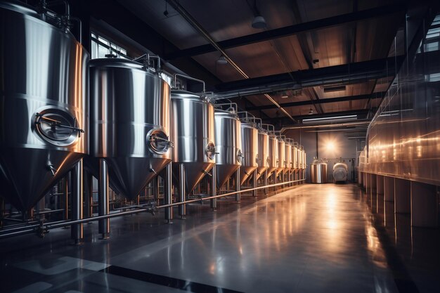 Tanques de puré de fermentación o tanques de caldera en una fábrica de cerveza Interior de la planta de cerveza Fábrica para la producción de cerveza Producción moderna de bebidas de calado Foco selectivo