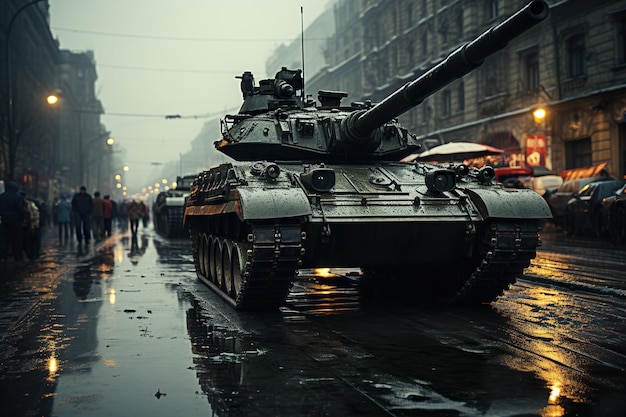 Tanques rusos bajo la lluvia en las calles de Moscú Rusia