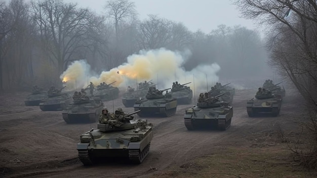 Tanques são vistos em um campo com fumaça saindo deles.