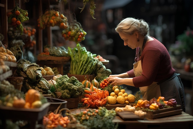 Tante wählt frisches Gemüse auf dem Gemüsemarkt