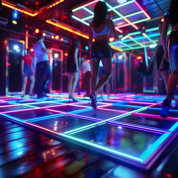 Foto tanz auf der tanzfläche mit farbenfrohen spiegelungen, discoball und licht