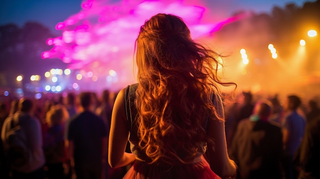 Tanzen im Rampenlicht Junge Frau bewegt sich bei einem Sommermusikfestival im Takt