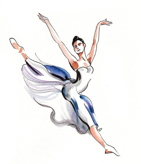 Tanzende Ballerina. Tusche- und Aquarellzeichnung