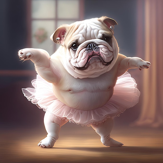 Tanzendes Ballett eines niedlichen Bulldoggenhundes mit schöner Haltung