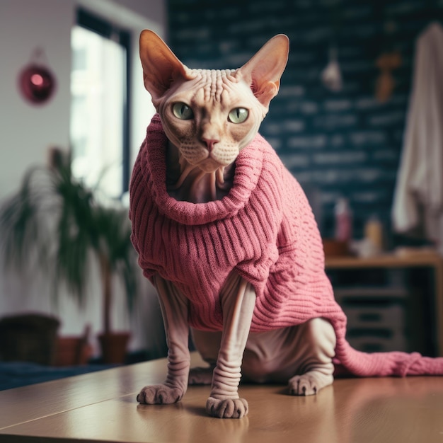 Tão bonito um muito gordo Sphynxcat de pé com uma expressão bonita e engraçada em casa tiro real