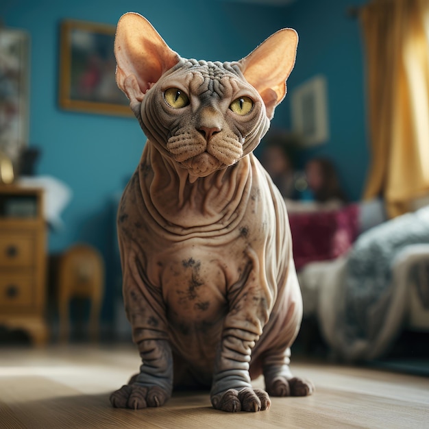 Tão bonito um muito gordo Sphynxcat de pé com uma expressão bonita e engraçada em casa tiro real