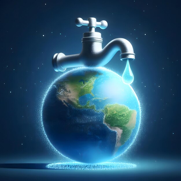 Tap com Water Drop e Shining Globe Concept Gerado pela IA.