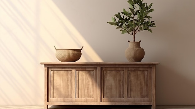 tapa de gabinete de madera antigua asiática con árbol tropical en jarrón de arcilla de cesta de mimbre a la luz del sol