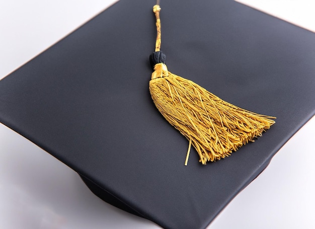 Tapa de graduación con borla de oro aislado sobre fondo blanco.