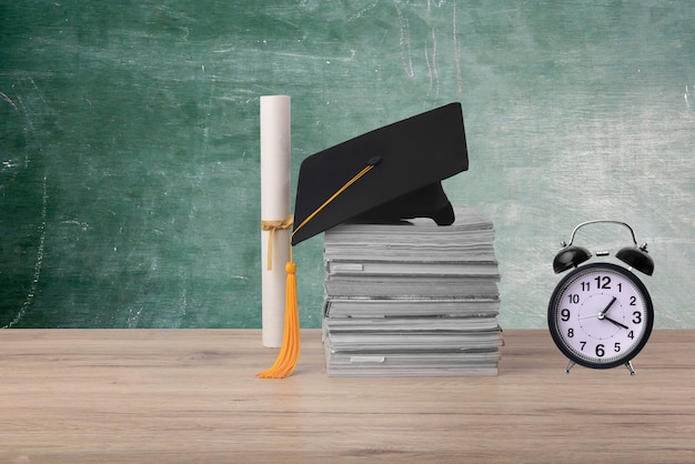 Foto tapa graduada negra, certificado de estudios y ritmo de reloj de alarma sobre fondo de madera