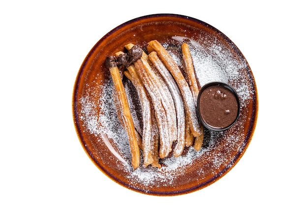 Tapas churros espanhóis com açúcar e molho de chocolate D de alta qualidade Com fundo branco isolado