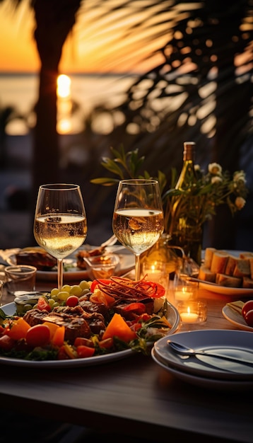 Foto tapas e aperitivos variados canapés nas mesas do bar luz escura do pôr-do-sol e atmosfera romântica