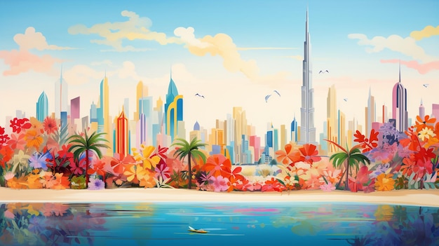 Tapeçaria ilustrada colorida da paisagem urbana de Abu Dhabi