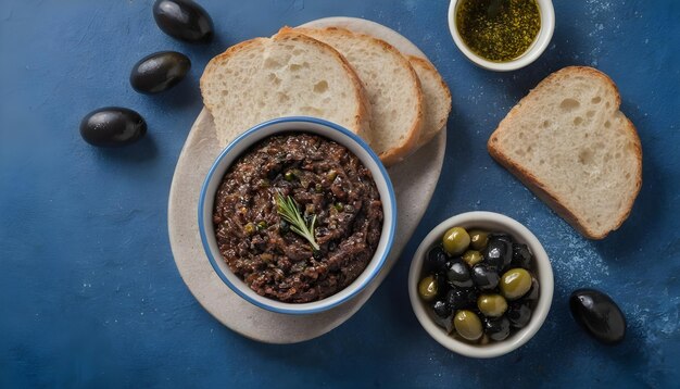 Tapenade de aceitunas servido con pan casero