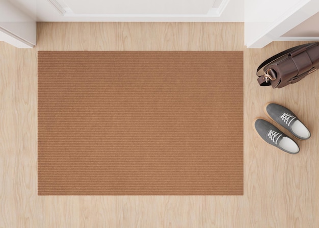 Foto tapete de porta marrom em branco no chão em casa tapete de boas-vindas com espaço de cópia para o seu texto simulação de capacho tapete na entrada para limpar sapatos sujos renderização em 3d de maquete