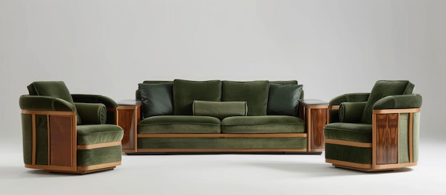 Tapete de sofá e poltronas com sotaques de couro verde
