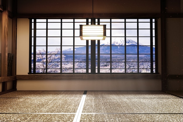 Tapete de tatami quarto vazio japonês Projetando o mais bonito. Renderização 3D