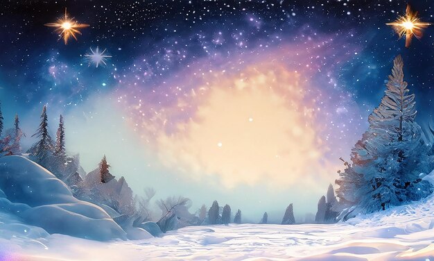 Tapete, die die Magie der Sterne und Galaxien mit der ruhigen Schönheit schneebedeckter Länder verbindet
