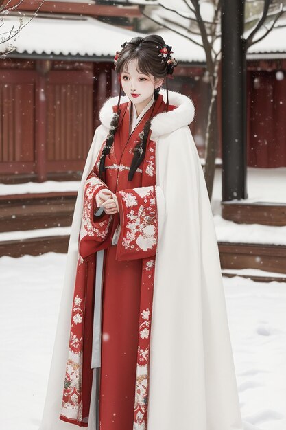 Tapete klassische chinesische Schönheit, die im kalten Winter und bei Schneefall eine Hanfu-Cheongsam-Jacke trägt