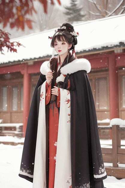 Tapete klassische chinesische Schönheit, die im kalten Winter und bei Schneefall eine Hanfu-Cheongsam-Jacke trägt