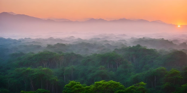 Tapete mit einer tropischen Landschaft bei Sonnenaufgang Dschungel mit Bergen, Palmen und anderen Wildpflanzen Himmel mit Wolken und aufgehender Sonne Regenwaldillustration Unberührte Natur Generative KI