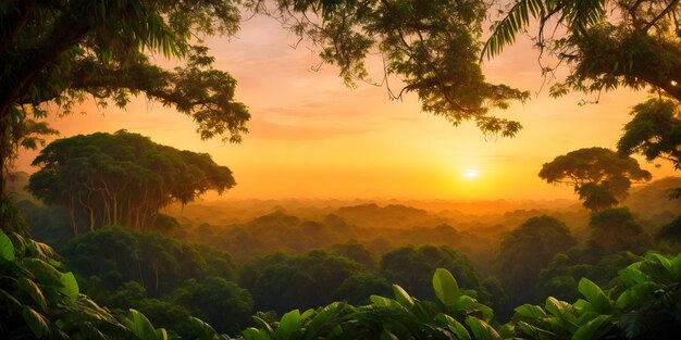 Tapete mit einer tropischen Landschaft bei Sonnenuntergang Dschungel mit Bergen Palmenbäumen und anderen wilden Pflanzen Himmel mit Wolken und untergehender Sonne Regenwald Illustration Generative KI